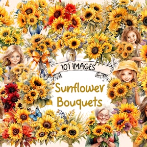 Sunflower Bouquets Watercolor Clipart Bundle - 101 PNG Floral Images, Vibrant Flower Graphics, Instant Digital Download, Commercial Use
