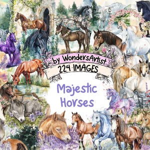 Majestic Horses Watercolor Clipart - 224 PNG Elegant Equine Graphics, Wild Stallion Illustrations, Instant Digital Download, Commercial Use