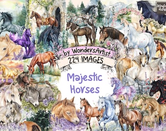 Watercolor Horses Clipart: 224 PNG Elegant Equine Graphics (Digital Download)