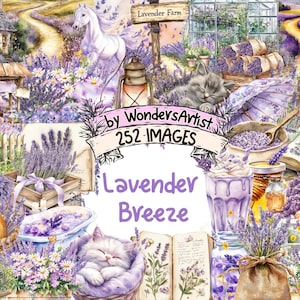 Lavender Breeze Watercolor Clipart - 252 PNG Floral Breeze Graphics, Soft Lavender Illustrations, Instant Digital Download, Commercial Use