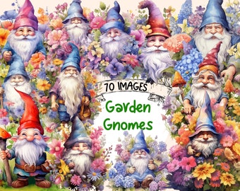 Watercolor Garden Gnomes Clipart Bundle: 70 PNG Images (Digital Download)