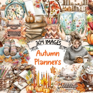 Autumn Planners Watercolor Clipart Bundle - 304 PNG Seasonal Planning Images,Fall Organizer Graphics,Instant Digital Download,Commercial Use