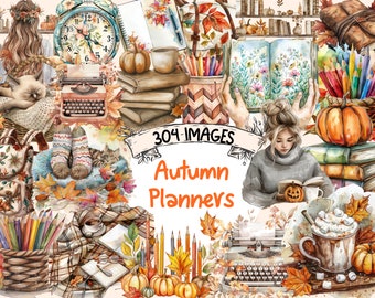 Watercolor Autumn Planner Clipart Bundle: 304 PNG Graphics (Digital Download)