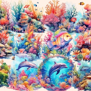 以下が含まれることがあります： 鮮やかなサンゴ礁の水彩画。カラフルな魚、ウミガメ、イルカが水の中を泳いでいます。サンゴ礁には、脳サンゴ、枝サンゴ、軟サンゴなど、さまざまな種類のサンゴが生息しています。魚は赤、オレンジ、黄色、緑、青、紫など、さまざまな色をしています。イルカは灰色と白で、遊び心を持って泳いでいます。