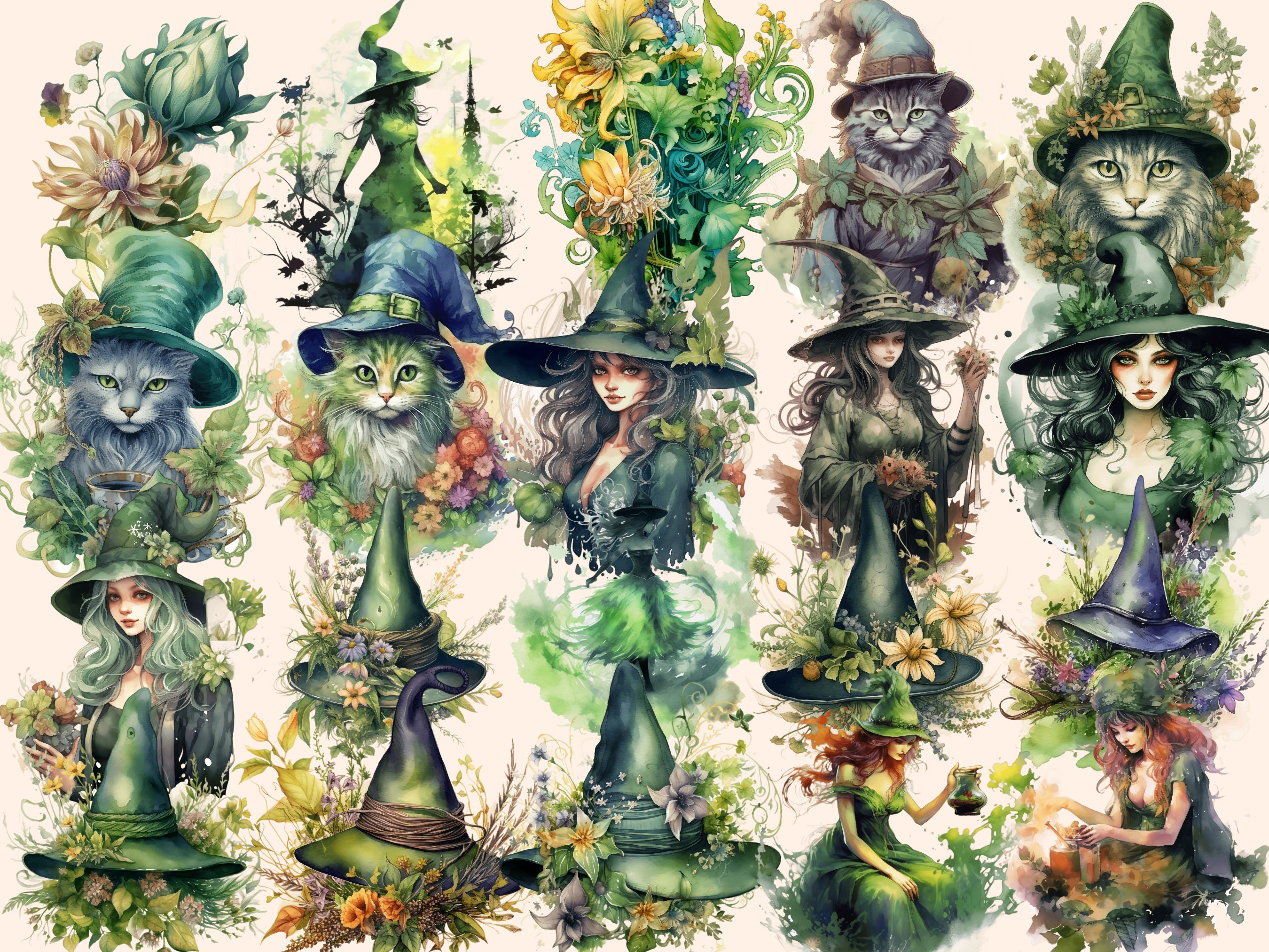 Watercolor Herbal Witches Clipart Bundle: 129 Fantasy PNG Images ...