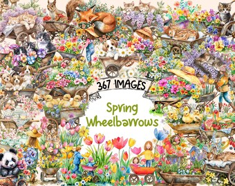 Spring Wheelbarrows Clipart Bundle: Whimsical Gardening PNG Images (Digital Download)