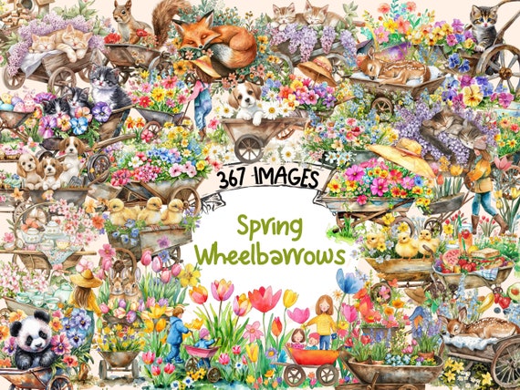 Spring Wheelbarrows Clipart Bundle: Whimsical Gardening PNG Images (Digital Download)