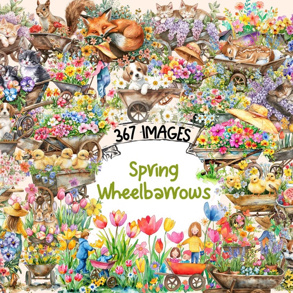 Spring Wheelbarrows Clipart Bundle - 367 PNG Images of Whimsical Wheelbarrows, Gardening Graphics, Instant Digital Download, Commercial Use