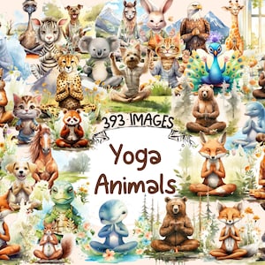 Yoga Animals Watercolor Clipart Bundle - 393 PNG Cute Animal Yoga Images, Pet Meditation Graphics, Instant Digital Download,Commercial Use