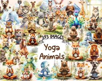 Puede incluir: Una ilustración colorida de varios animales practicando poses de yoga. Los animales incluyen un perezoso, un zorro, un oso, una jirafa, un pavo real, un delfín, un caballo, un gato, un perro, un conejo, una tortuga, un koala, un avestruz, un guepardo, un león, una ardilla, un panda, un águila, un pez, una llama, un pájaro y un bulldog. La ilustración está sobre un fondo de árboles verdes y flores.
