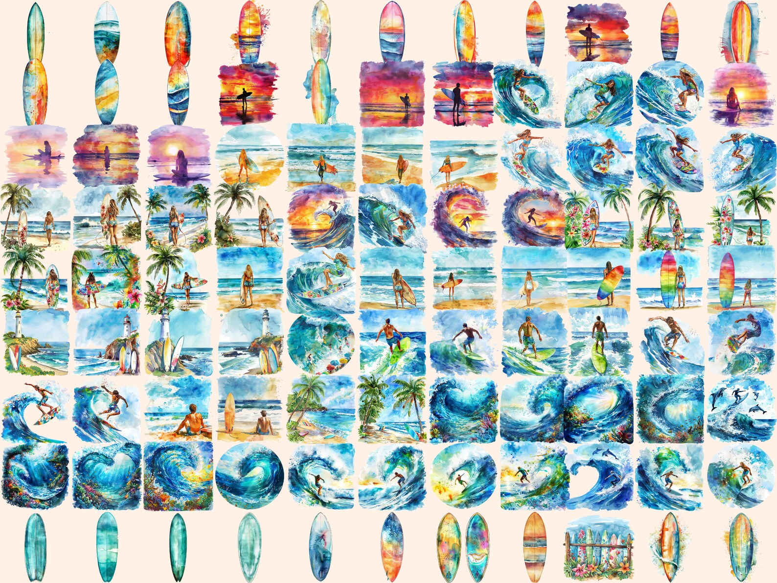 Summer Surfing Watercolor Clipart Bundle: 369 PNG Beach Graphics ...