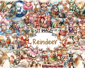 Reindeer Watercolor Clipart Bundle - 577 PNG Cute Christmas Deer Images, Festive Arctic Graphics, Instant Digital Download, Commercial Use