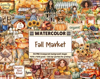 Fall Market Watercolor Clipart: Autumn Harvest Graphics (Digital Download, Commercial Use PNGs)