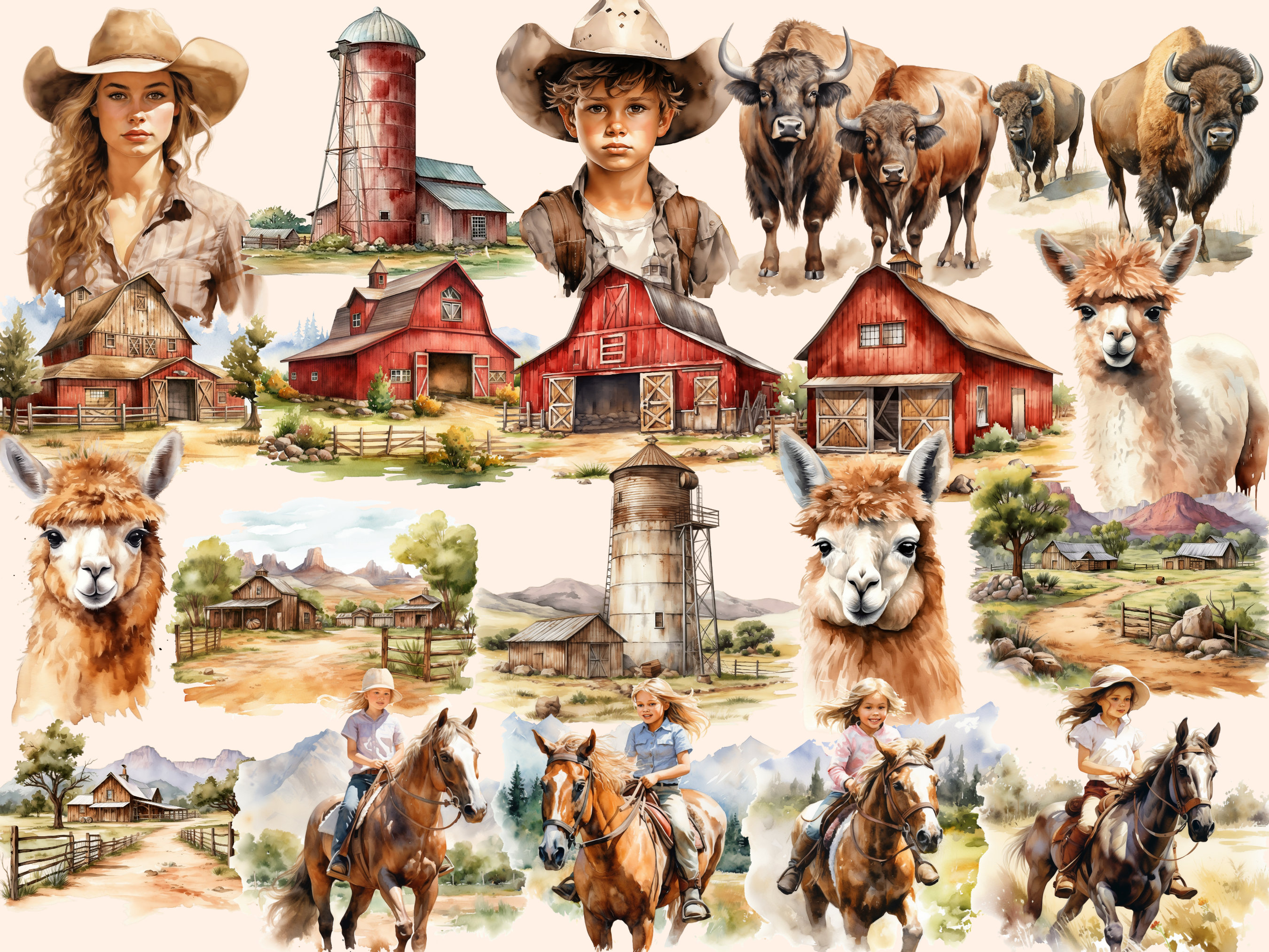 Ranch Watercolor Clipart Bundle: 132 Farm Homestead Graphics (digital ...