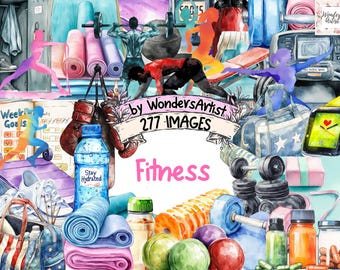 Watercolor Fitness Clipart Bundle: 277 Exercise PNG Images (Commercial Use)