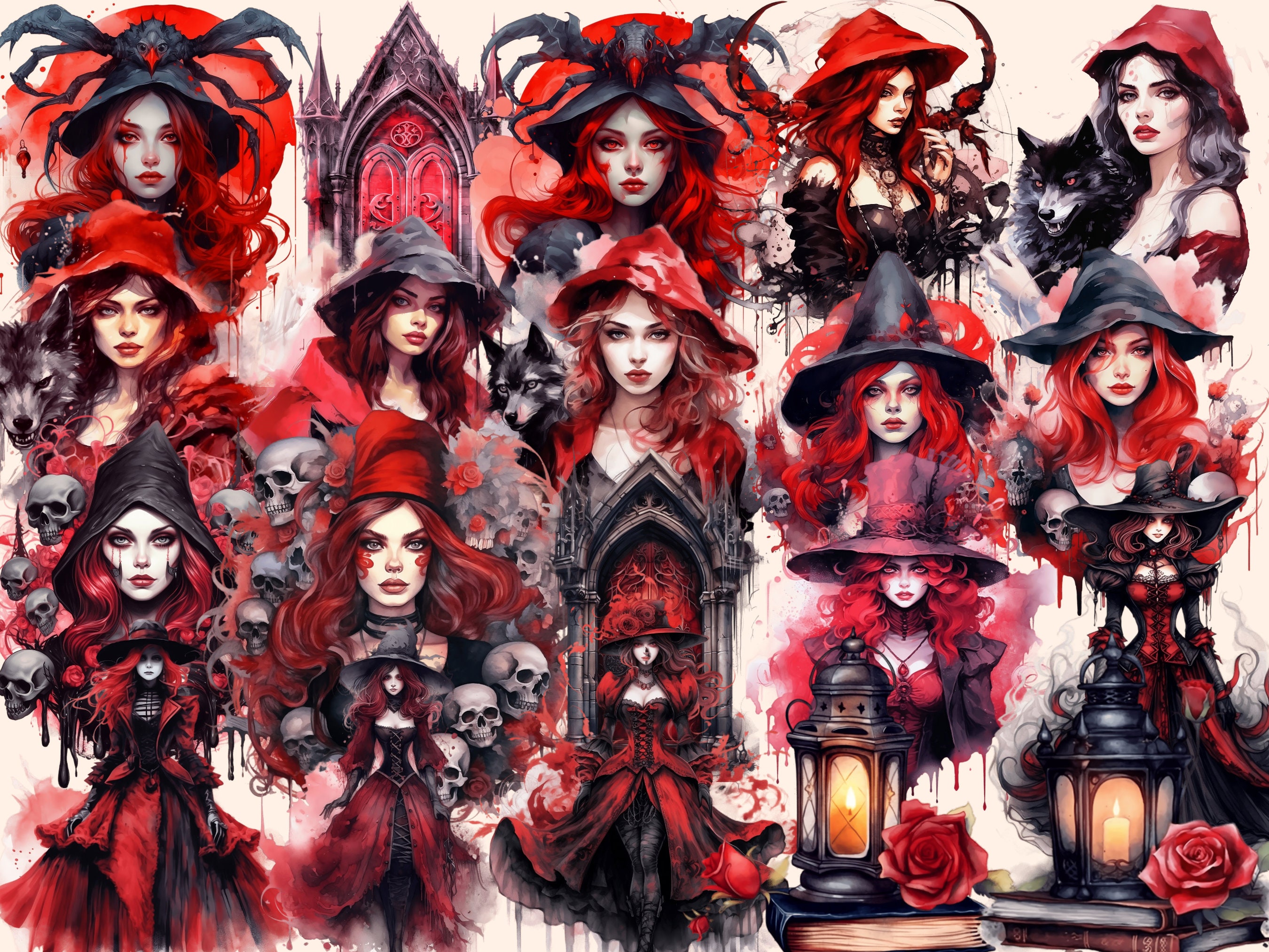 Gothic Witches Watercolor Clipart Bundle: 116 PNG Images (digital ...