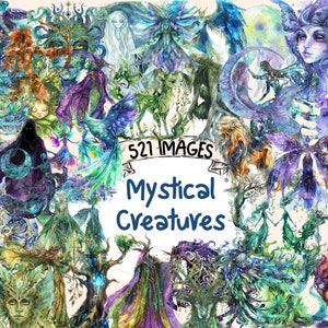 May include: A collage of watercolor illustrations featuring mystical creatures, including fairies, dragons, and other fantastical beings. The images are set against a background of swirling colors and patterns, creating a magical and ethereal atmosphere. The text "521 IMAGES" and "Mystical Creatures" is visible in the center of the image.