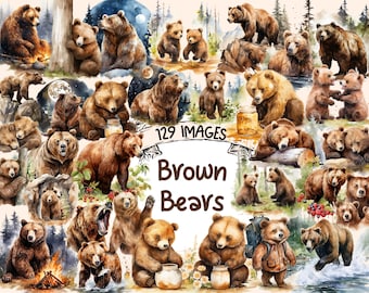 Watercolor Brown Bears Clipart Bundle: 129 PNG Forest Animal Graphics (Digital Download)