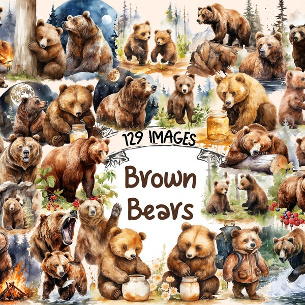Brown Bears Watercolor Clipart Bundle - 129 PNG Grizzly Images, Wildlife Forest Animals Graphics, Instant Digital Download, Commercial Use