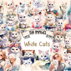 White Cats Watercolor Clipart Bundle 158 PNG White Cat Images, Elegant Feline Graphics, Cute Kitty,Instant Digital Download,Commercial Use image 1