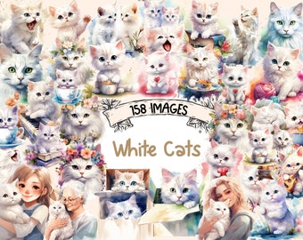 White Cats Watercolor Clipart Bundle - 158 PNG White Cat Images, Elegant Feline Graphics, Cute Kitty,Instant Digital Download,Commercial Use