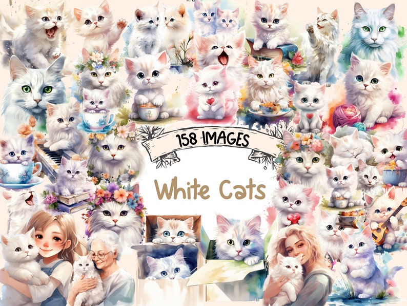 White Cats Watercolor Clipart Bundle 158 PNG White Cat Images, Elegant Feline Graphics, Cute Kitty,Instant Digital Download,Commercial Use image 1