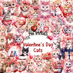 Valentine's Day Cats Watercolor Clipart Bundle - 966 PNG Romantic Cat Images, Kitten Love Graphics, Instant Digital Download, Commercial Use