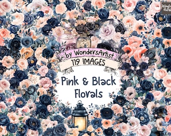 Pink & Black Florals Watercolor Clipart: 119 PNG Graphics (Digital Download)
