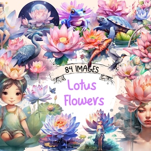 Lotus Flowers Watercolor Clipart Bundle - 84 PNG Flower Images, Beautiful Floral Graphics, PNG, Instant Digital Download, Commercial Use