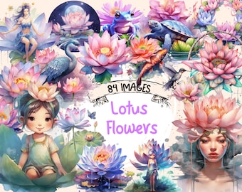 Watercolor Lotus Flower Clipart Bundle: 86 PNG Graphics (Commercial Use) (Digital Download)