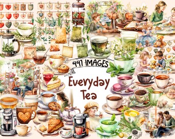 Everyday Tea Watercolor Clipart Bundle - 441 PNG Tea Images with Tea Bags, Casual Beverage Graphics, Instant Digital Download,Commercial Use