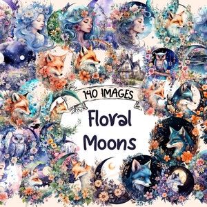 Floral Moons Watercolor Clipart Bundle - 140 PNG Celestial Flower Images, Crescent Fox Owl Graphics, Instant Digital Download,Commercial Use