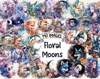 Floral Moons Watercolor Clipart Bundle: Celestial Animals (Digital Download)