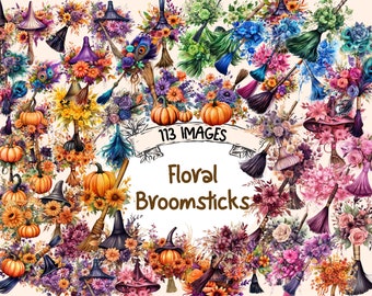 Floral Witch Broom Clipart: Halloween PNG Graphics (Digital Download)