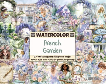 French Garden Watercolor Clipart: Soft Pastel Botanical Illustrations (Digital Download, Commercial Use PNGs)