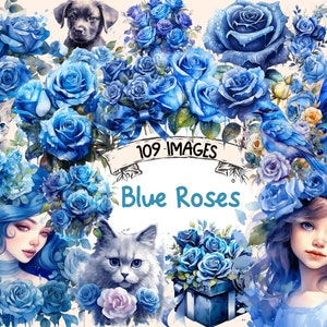 Blue Roses Watercolor Clipart Bundle - 109 PNG Images, Beautiful Floral Graphics, Rose Leaves, PNG, Instant Digital Download, Commercial Use