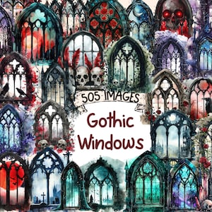 Gothic Windows Watercolor Clipart - 505 PNG Images of Ornate Gothic Window Designs, Goth Graphics, Instant Digital Download, Commercial Use