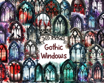 Gothic Windows Clipart Collection - 505 PNG Images of Ornate Gothic Window Designs, Goth Graphics, Instant Digital Download, Commercial Use