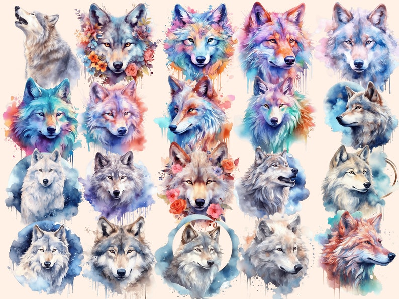 Watercolor Wolves Clipart Bundle: 129 PNG Fairytale Images (digital ...