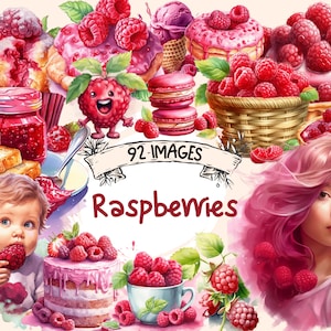 Puede incluir: Una ilustración de acuarela de frambuesas, pasteles y pastelería. La ilustración presenta a una niña con cabello rosado, un frasco de mermelada de frambuesa y una variedad de productos horneados con frambuesas. El texto "92 IMÁGENES Frambuesas" está incluido en la imagen.