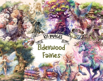 Elderwood Fairies Watercolor Clipart Bundle - 101 Magical Fairytale Illustrations,Cute Storybook,PNG,Instant Digital Download,Commercial Use