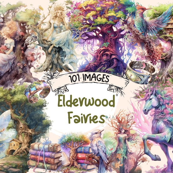 Paquete de imágenes prediseñadas de acuarela de Elderwood Fairies - 101 ilustraciones mágicas de cuento de hadas, libro de cuentos lindo, PNG, descarga digital instantánea, uso comercial