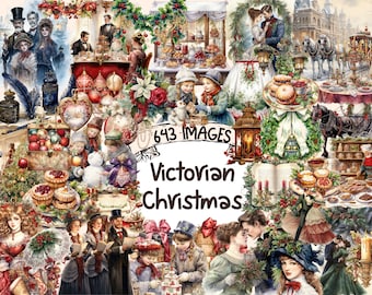 Victorian Christmas Watercolor Clipart Bundle - 643 PNG Vintage Holiday Images, Elegant Graphics, Instant Digital Download, Commercial Use