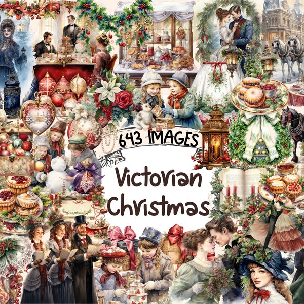 Victorian Christmas Watercolor Clipart Bundle - 643 PNG Vintage Holiday Images, Elegant Graphics, Instant Digital Download, Commercial Use