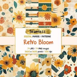 Papel digital floral retro: patrones florales de los años 70 (uso comercial)