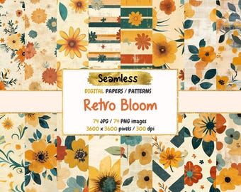 Retro Floral Digital Paper: 70s Bloom Patterns (Commercial Use)