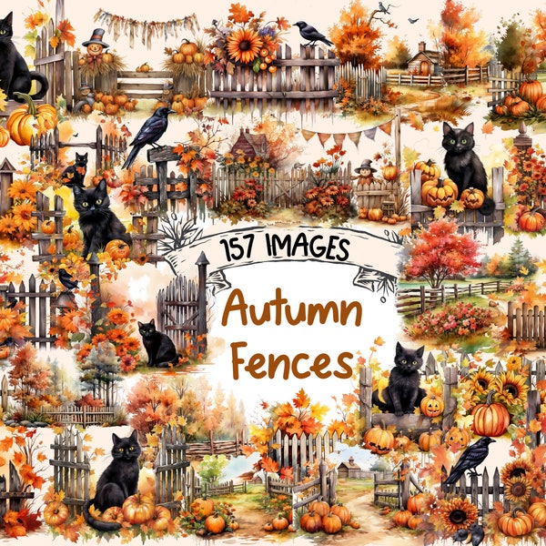 Autumn Fences Watercolor Clipart Bundle - 157 PNG Fall Fence Images, Garden Graphics,Fall Landscapes,Instant Digital Download,Commercial Use