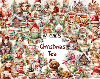 Christmas Tea Watercolor Clipart Bundle: 166 Festive PNG Images (Commercial Use) (Digital Download)