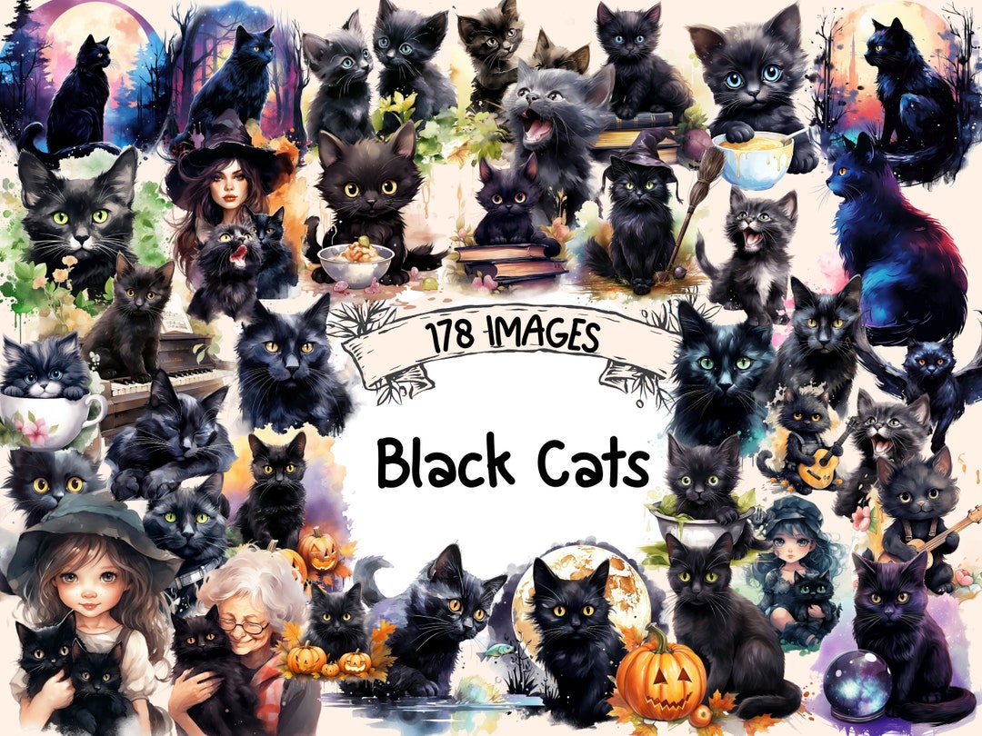 Black Cats Watercolor Clipart Bundle: 178 Feline PNG Images (digital ...