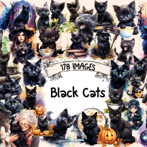 Black Cats Watercolor Clipart Bundle - 178 PNG Black Cat Images, Mysterious Kitty Feline Graphics, Instant Digital Download, Commercial Use